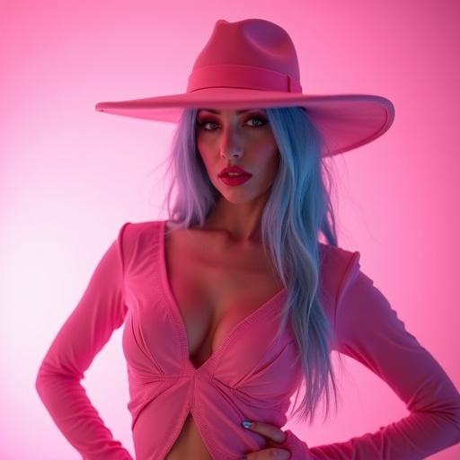 Glamorous portrait photo of a model in a stylish pink outfit. Model wears a pink hat and has blue hair. The background is pink with soft lighting. The image features a Chiaroscuro lighting style emphasizing the model's features.