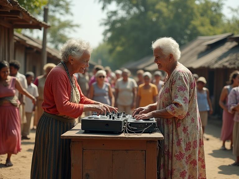 DJ desk on a cart in the village square with grandmothers dancing to the music. Village setting filled with an audience.