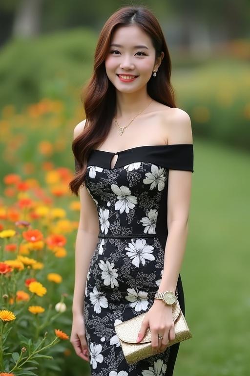 A Taiwanese beautiful young woman is wearing a stylish black and white abstract print bodycon midi dress with off-shoulder straps. She has long natural brown hair and is standing with a sweet smile. She holds a small golden handbag. The background has natural green grass with yellow, orange, and red flowers. The image is in high detail, capturing her from the top of the head to just above the knees, with a subtle blurry background to focus on her face and dress.