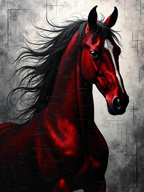 Abstract representation of a Gothic horse head. Dark red silhouette conveys mystery and intrigue. Rendered in black and white showcasing strong contrasts. Ethereal quality with film noir essence.