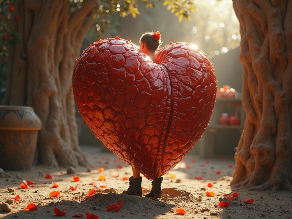 A large heart sculpture in a garden setting. The heart is vibrant red and has a textured surface. Surrounding the heart are flower petals scattered on the ground. The setting is filled with trees and natural light creates a dreamy atmosphere. A figure is positioned behind the heart sculpture.