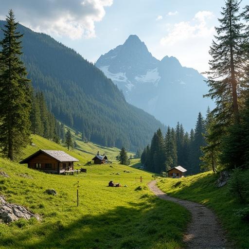 Image of a campsite in Schladming/Rohrmoos with a view of the Dachstein Massif. Beautiful mountains in the background. Trees and grassy fields surrounding small cabins. Peaceful outdoor setting.