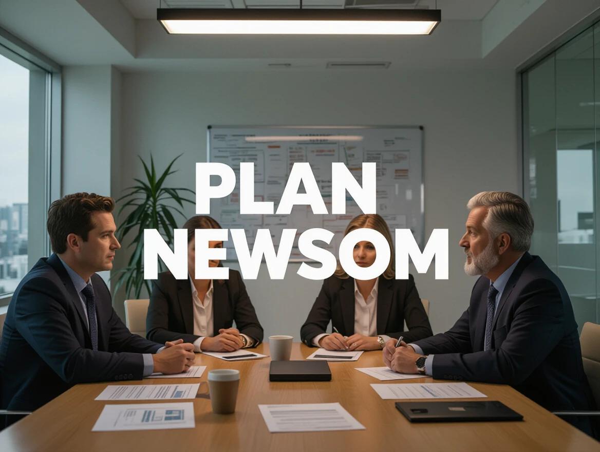 Photo shows a group of political strategists in a cramped meeting room. Papers are scattered on the table. Expressions of urgency and concern are visible. Only fluorescent lights illuminate the space. A whiteboard with 'PLAN NEWSOM' written on it is in the background.