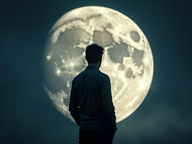 A silhouette of a man facing a large full moon in a night sky. Atmospheric and serene scene.