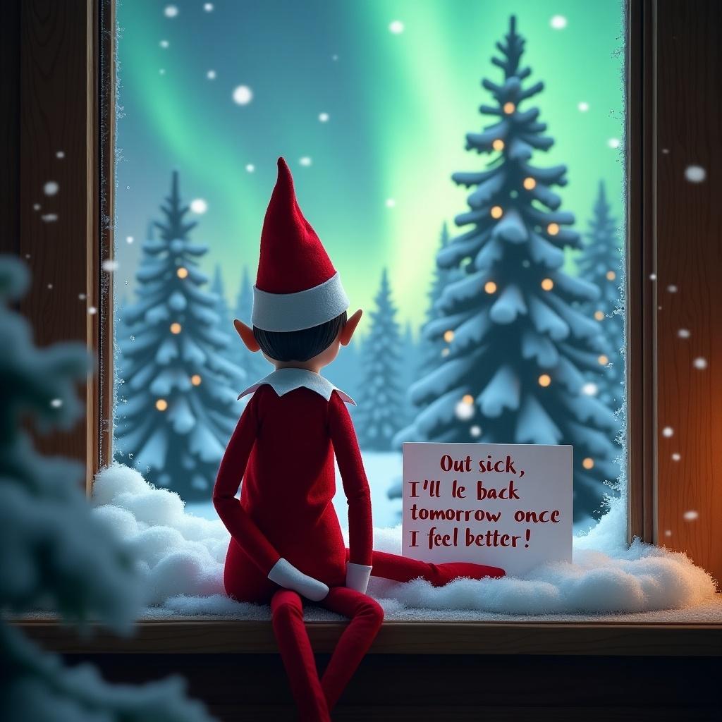 An elf on the shelf sitting on a window ledge. Elf turned back to the viewer. Note says out sick. Background is a winter wonderland. Snow-covered pine trees. Elf dressed in vibrant red outfit. Scene illuminated by aurora borealis colors.