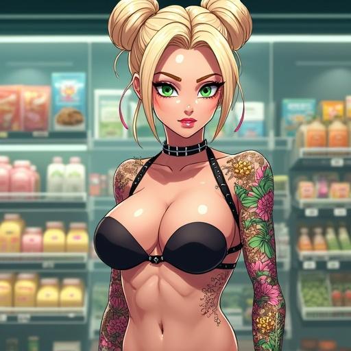 Anime woman character in grocery store with futuristic elements. Emerald green eyes and light blonde hair styled in a bun. Wearing edgy streetwear with tattoos. Shopping at noon in vibrant atmosphere.