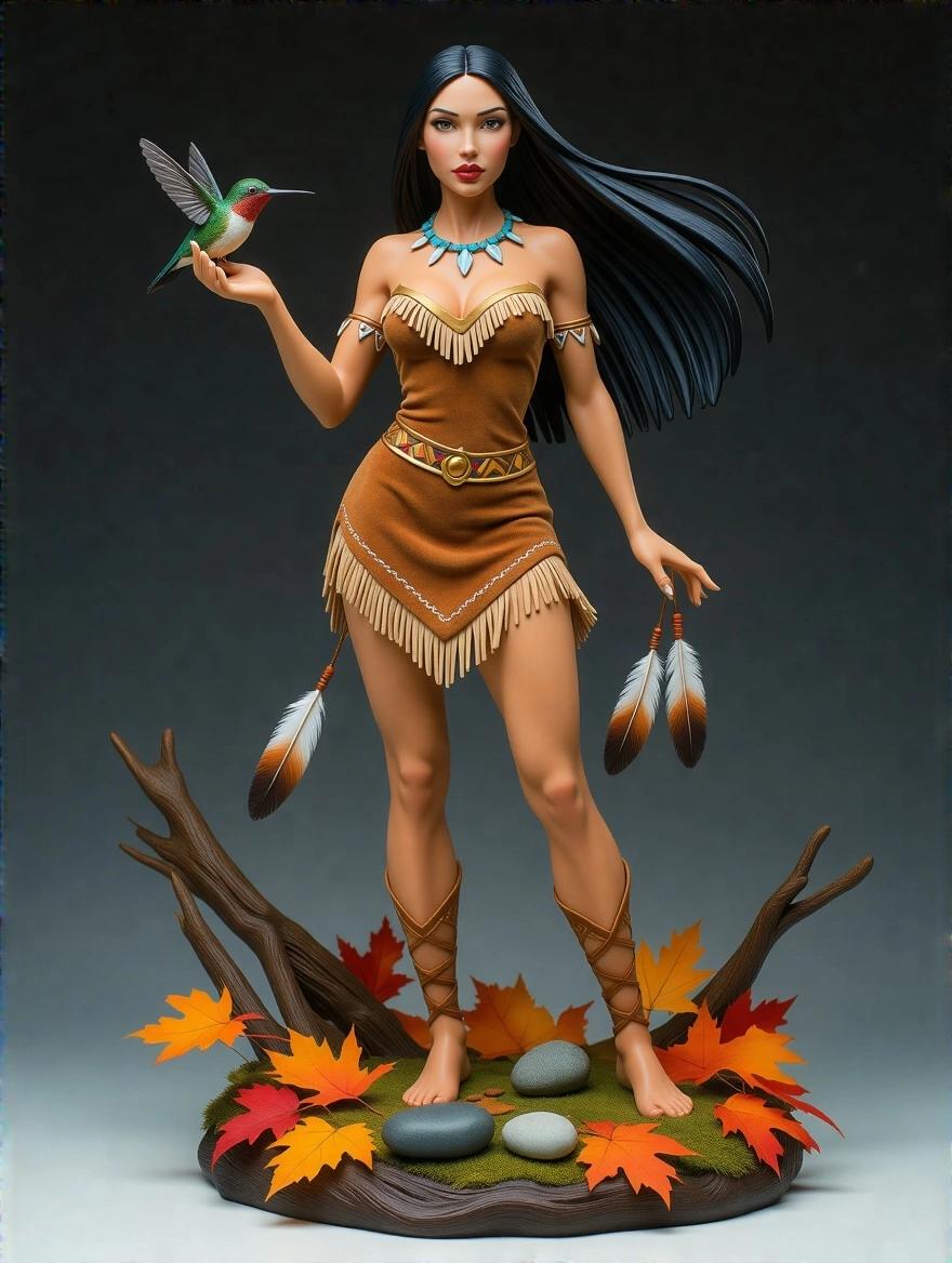 Ultra-detailed resin statue of a Pocahontas-inspired woman with a hummingbird. She wears a suede dress with fringes and gold details. The base has autumn leaves and stones. Long black hair flows in the wind. Serene expression with a wise gaze. Lighting enhances details with a natural background.