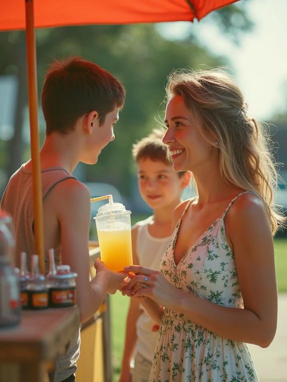 A woman wearing a sundress stands at a neighborhood lemonade stand. She interacts with two boys while holding a cup of lemonade. The background is blurred slightly but shows a bright sunny day. The overall aesthetic is low resolution reminiscent of earlier phone photography with over-saturated colors.