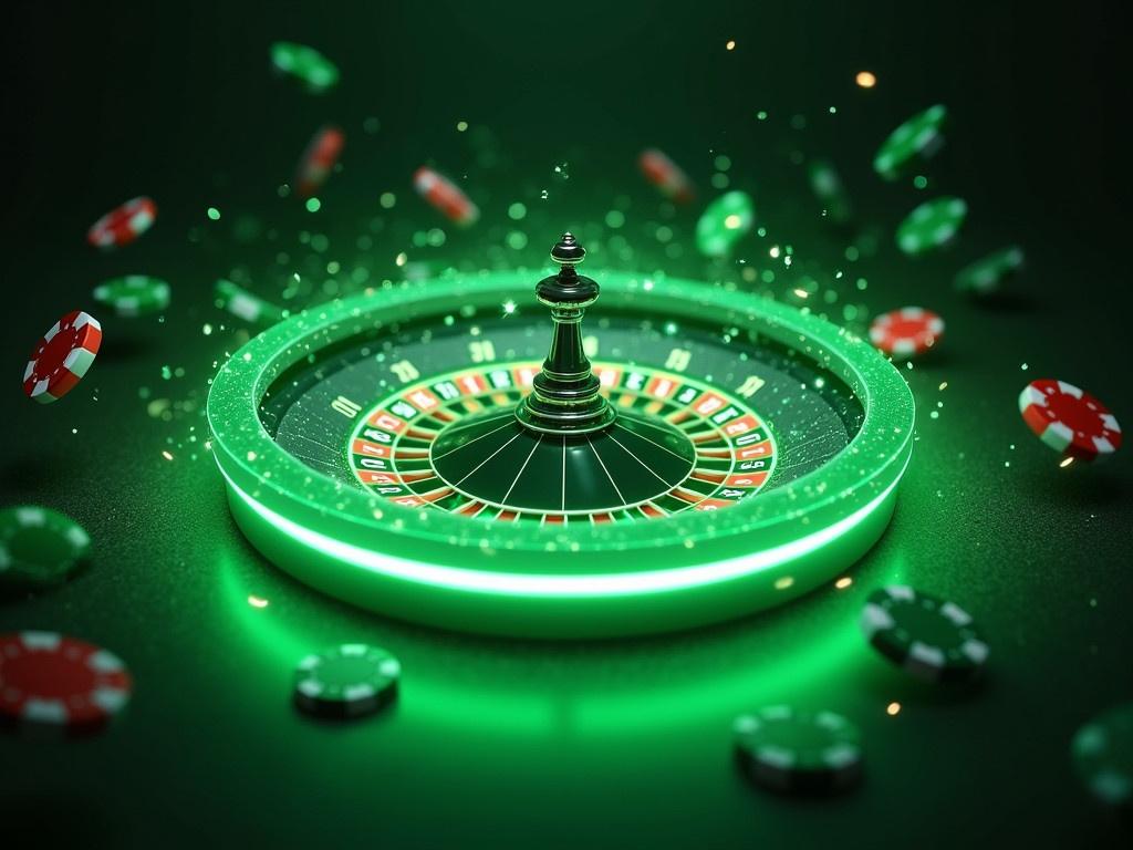 Create an image that showcases a dazzling green roulette wheel being spun. The wheel should be glowing, emanating a vibrant green light, and surrounded by sparkling particles. In the background, include several casino chips flying around, some red and some green, to enhance the gambling theme. The overall atmosphere should feel dynamic and exciting, with hints of motion blur to depict rapid movement. Aim for a sleek, modern aesthetic that draws the viewer’s eye to the central action of the spinning wheel.