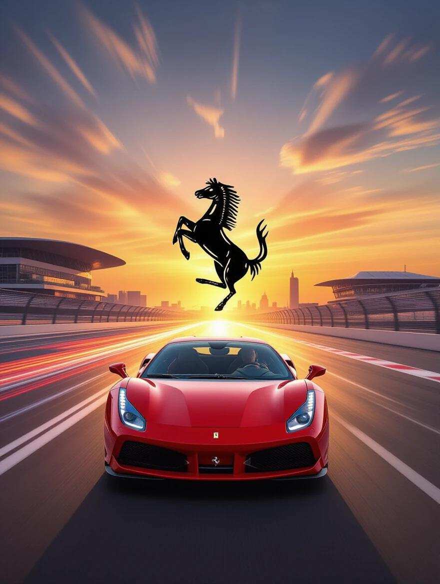 Poster design featuring the Ferrari 488 sports car speeding along a racetrack. Dynamic motion lines illustrate speed. Background shows stunning landscapes of Ferrari World Abu Dhabi during sunset. Warm and colorful tones enhance the visual impact.