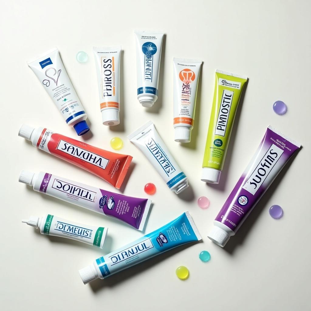 This image displays an array of different types of toothpaste tubes arranged aesthetically on a light background. The variety includes whitening, sensitive, herbal, and everyday use toothpaste. Each tube showcases distinctive colors and labels indicating their purpose. Some tubes have special features like anti-cavity formulas or natural ingredients. The soft lighting enhances the appeal of the products, making them stand out. Small colored bubbles accompany the tubes, adding a playful element to the composition.