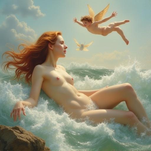 Ethereal scene of Venus emerging from churning sea foam. She is a beautiful reclining nude with cascading auburn hair. Playful cherubs flutter above her against a gentle sky. Essence of classical mythology and sensuality. Emphasis on smooth textures and romantic style.