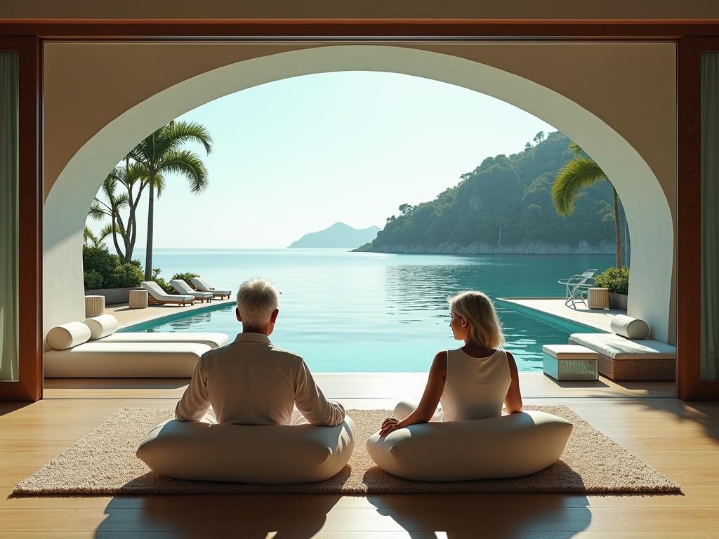 Ultra-realistic image of elder couple in a futuristic island hotel resort. They sit on white cushions inside a spacious room with a view of the ocean. The scene is tranquil, with palm trees and blue waters visible outside.