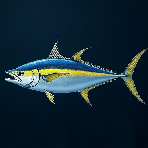 Illustration showing a yellowfin tuna in a side view. Emphasizes the blue and yellow coloration. Detailed features of the fish and aquatic habitat are visible. Designed for educational purposes.