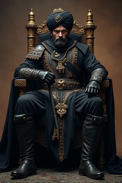 A powerful figure seated on an ornate throne exuding authority. The Sultan wears a rich turban adorned with a ruby. His beard is sharply trimmed. A red banner with a black crescent flag flutters behind him. He holds a golden war scroll with ancient runes in one hand and a shadowy yatagan in the other. Dark-armored warriors kneel around him. The atmosphere feels heavy with incense and tension.