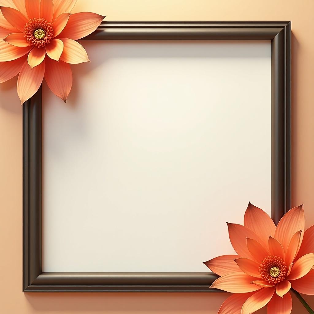 Frame with empty space in the center. Aesthetically placed orange lotus flowers around the edges. Warm background makes it inviting.