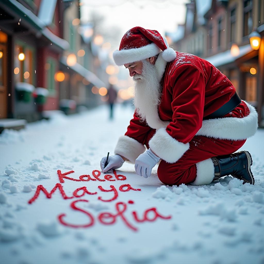 Santa Claus writes names in the snow. He is dressed in traditional red and white clothing with a black belt and boots. The scene features a snowy street with charming buildings. Soft winter light enhances the cheerful holiday atmosphere. Names Kaleb, Maya, and Sofia are written in freshly fallen snow.