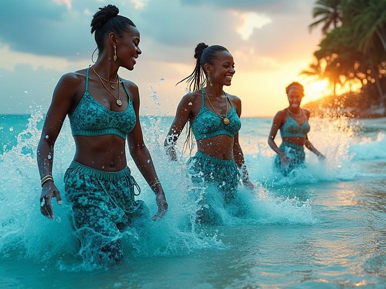 Three joyful smiling Zulu maidens wearing turquoise outfits splash in turquoise sea water at a tropical beach during sunset. Focus on their laughter and dynamic movement.