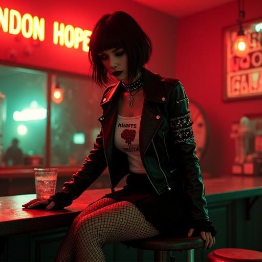 A goth woman sits atop the bar counter. Jet-black shag haircut frames hollow cheeks. Ripped fishnets on crossed legs swing. Neon sign reads 'ABANDON HOPE'. Studded choker with broken noose pendant digs into collarbones. Pleated skirt reveals tattoos on thighs. She holds a glass of vodka. Bar's red lighting highlights sweat on temples. Cracked mirror reflects signs and overturned stool.