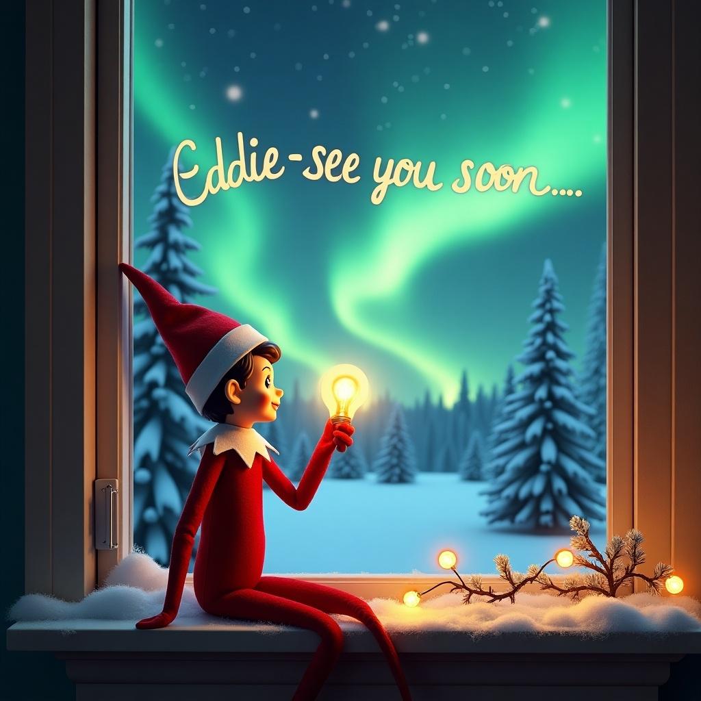 A cheerful elf is sitting by a window during winter, admiring the stunning northern lights visible outside. The elf, dressed in traditional festive colors, is holding a bright light bulb with an excited expression. Handwritten text in the sky says 'Eddie - see you soon,' glowing beautifully. The window ledge is decorated with snow and holiday ornaments. Outside, snow-covered trees create a magical winter landscape. This scene captures the joyful essence of the festive season, embodying the spirit of anticipation for Christmas.