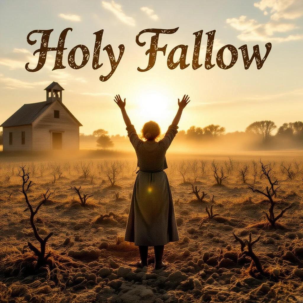 Holy Fallow movie poster. Title reads Holy Fallow written with antique script carved in dry wood. Frances McDormand stands in a barren church field with hands to the sky. Soil cracking beneath her. Golden hour rays breaking through dusty haze. 5K rural Americana stillness.