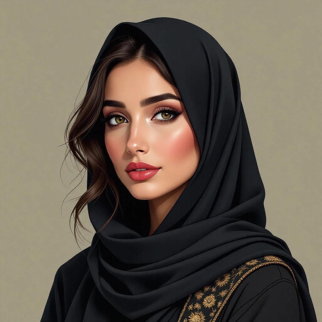 A portrait of a young woman. She has long dark hair wrapped in a black hijab. Her makeup features soft tones highlighting her eyes and lips. The background is a muted color emphasizing her facial features. The style references an artistic influence.