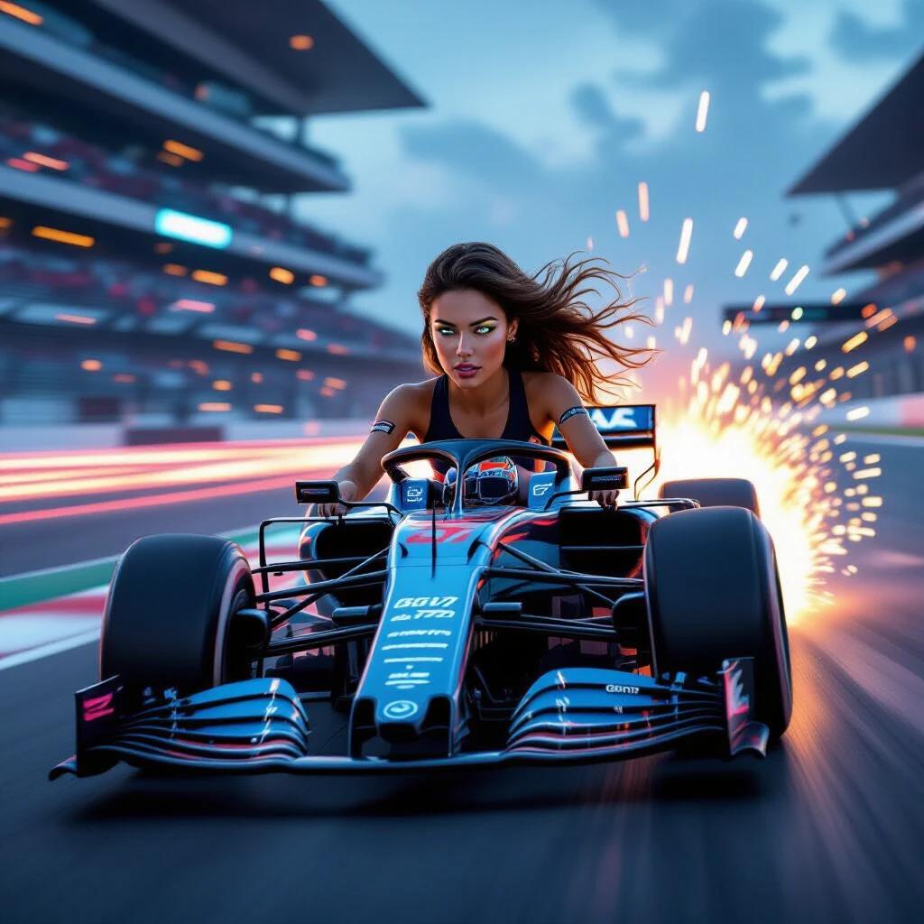 A beautiful woman drives a futuristic Formula 1 car at full speed. Intense eyes are focused forward. Long hair flows in the wind. Glowing energy boosters erupt from the car's back. Neon trails streak behind. Racetrack appears distorted with speed. Sparks fly. Cinematic motion blur captures the scene. Hyper-realistic detail emphasizes facial features. A fusion of fantasy and science creates a dynamic, powerful expression.
