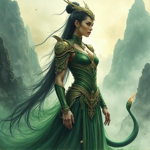 Dark fantasy watercolor painting. Portrait of a yuan-ti woman warrior. Toned and muscular human upper body. Long coiled snake lower body. Majestic and powerful pose. Wearing ornate battle armor. Intricate jewelry. Scales glistening in light. Vivid green and gold color palette. Misty mountains at the back. Gloom atmosphere.