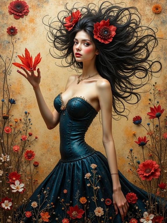 A full body woman in a corseted deep blue dress stands against a floral background. She holds a red leaf, has flowing dark hair, and exudes a whimsical aura.