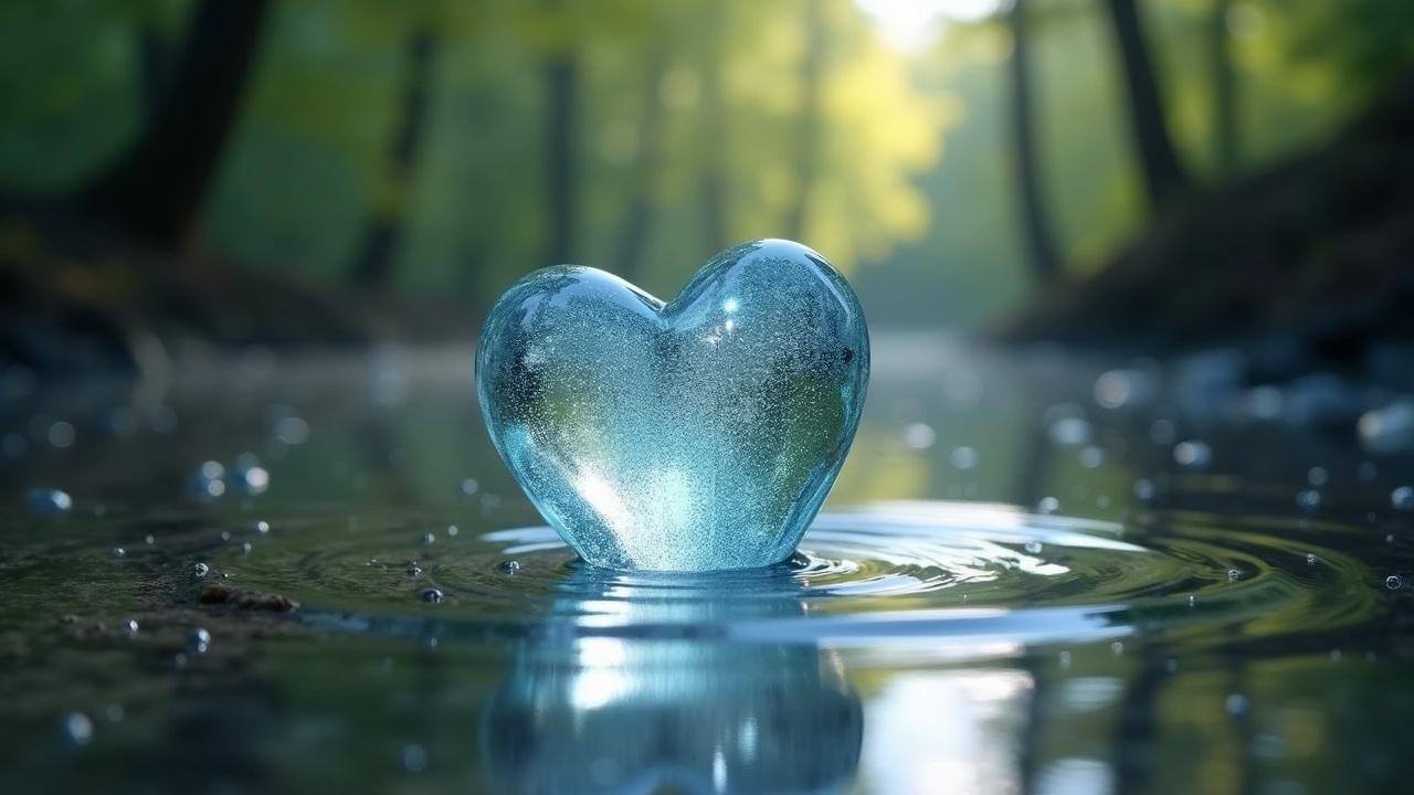 Photograph captures a clear heart-shaped object rising from water. Droplets create a shimmering effect. Light filters through a forest. Image evokes serenity and magic.