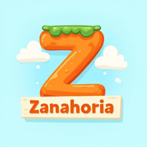 Colorful illustration centered on a large uppercase letter Z made of crunchy carrot with green top. Light blue background with soft clouds. Below in large letters, word Zanahoria. Cheerful, kid-oriented style using soft vibrant colors.