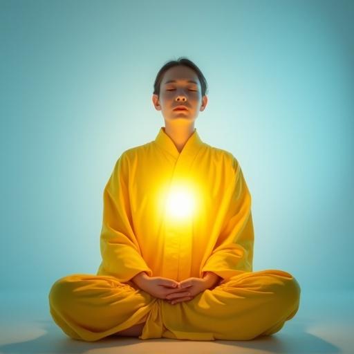 Image of a person sitting in a meditative pose in a vibrant yellow robe. Background is calming blue. A radiant light shines from the heart area. Hands positioned in meditation mudra. Soothing and spiritual atmosphere invites calmness.