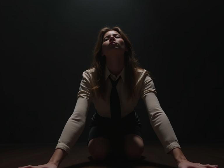 Low angle shot of a woman dressed in a tight shirt and leather mini skirt. The woman kneels with arms stretched forward. The setting is a dark, smoky room. The image captures her intense expression. The necktie hangs close to the camera.