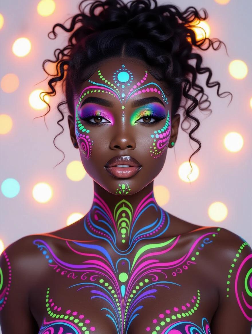 Artistic nude depiction of a young black woman with beautiful intricate body painting. Neon and fluorescent colors vividly illuminate the skin. Background soft glow of lights creating a lively atmosphere.