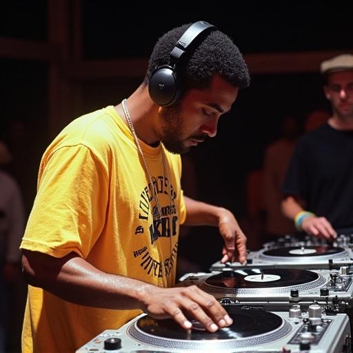 DJ Keyden Malave Quiles from the Dominican Republic performs on two turntables. He executes fast turntable tricks at the 1992 Ortofon World DJ Mixing Championships eliminations. The turntables are positioned close together with the mixer on the right.