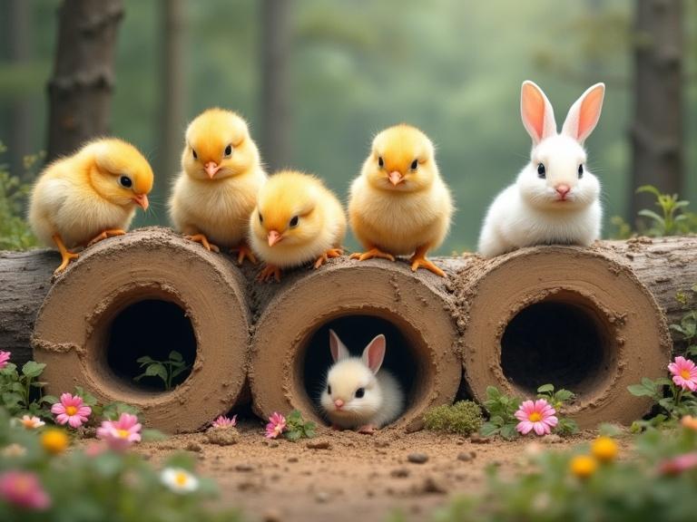 Five fluffy yellow chicks gathered around hollow log. Holes in the log are sealed with mud. Colorful flowers decorate the ground. A white bunny peeks out from one of the holes. Soft forest in the background. Overall pastel color scheme.
