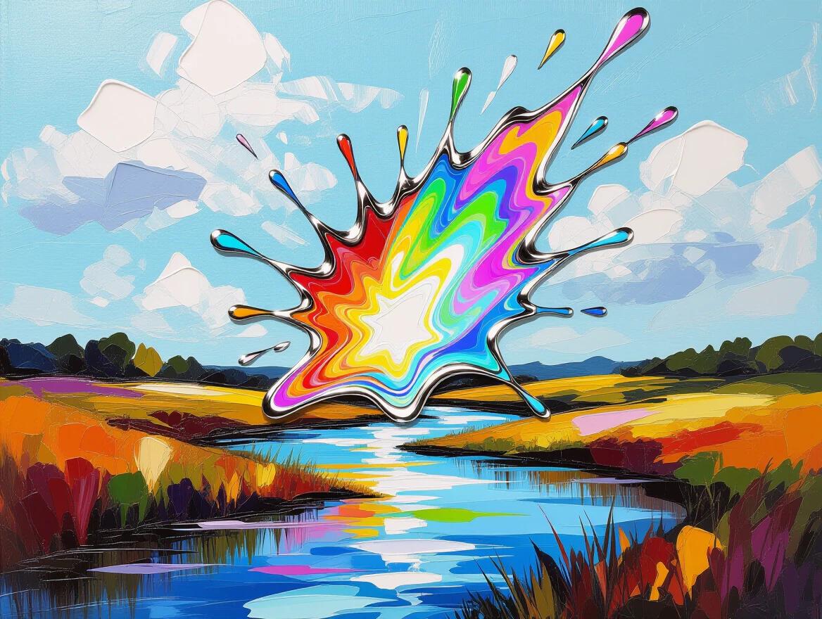 Impasto oil painting depicting a vivid landscape. A sharp holographic liquid chrome splash resembling a Spirit disrupts the scene. Incorporates Y2K aesthetic with hyperdetailed elements.