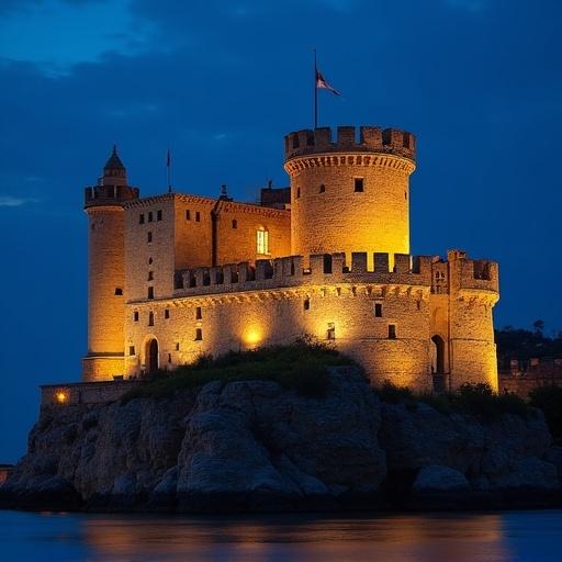 Night view of Castillo de Bellver de Palma de Mallorca. The castle is surrounded by water. Soft orange lights illuminate the structure against a deep blue sky. The castle features towers and a prominent flag. It stands on a rocky island.