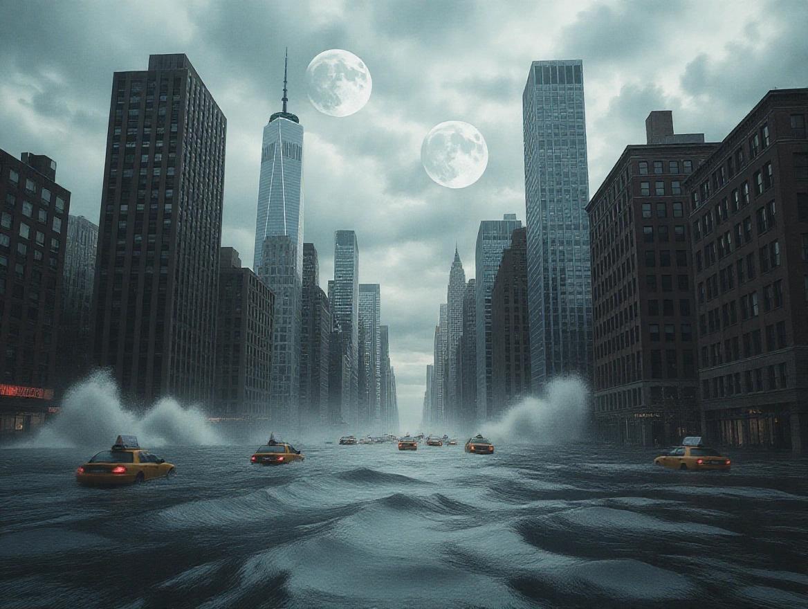 Hyper-realistic depiction of a flooded modern city resembling New York. Water crashing into tall skyscrapers due to extreme tides. Stormy skies present. Two moons floating in the sky. Creates an apocalyptic atmosphere.