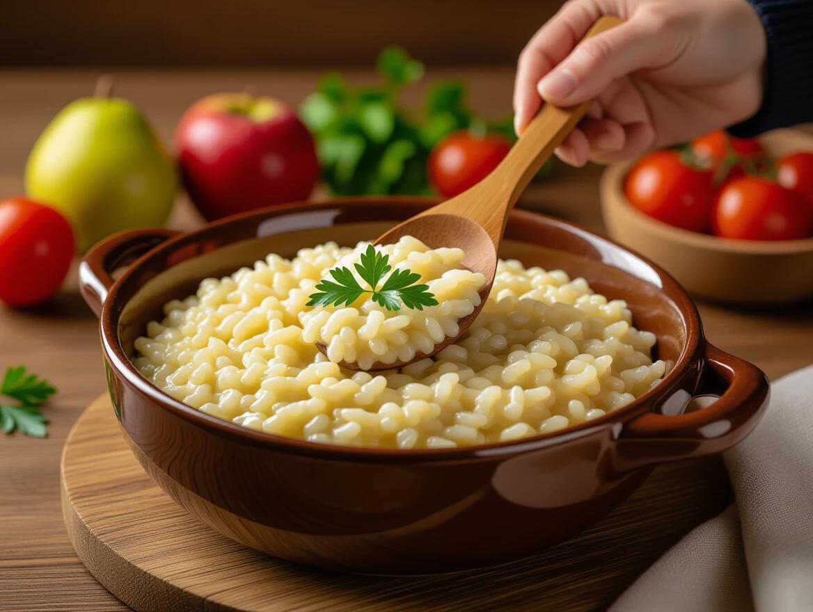 Close-up shot of creamy risotto in brown ceramic bowl. Hand holding wooden spoon above dish. Single parsley leaf on top of risotto. Background has red apples and green pears. Additional vegetables in view with warm natural lighting. Shot from slightly elevated angle focusing on bowl in center.