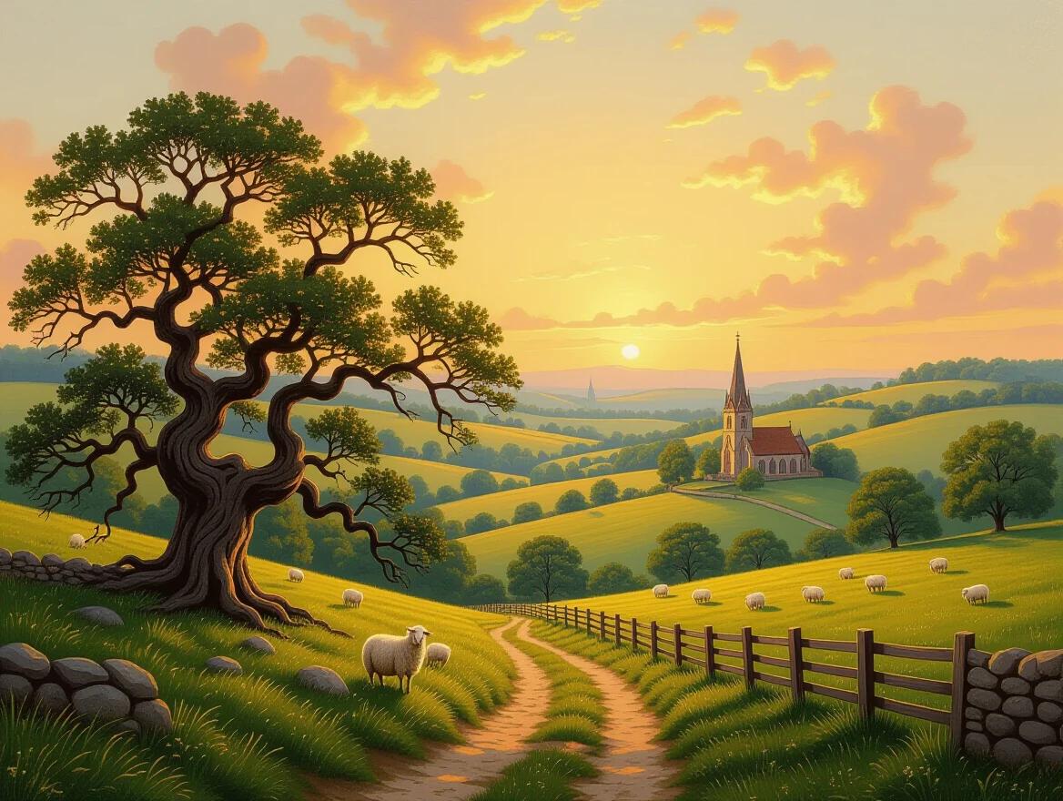 Pastoral English valley illuminated by golden supernatural light Ancient oak trees with twisted branches create a natural cathedral Rolling hills lush green pastures with grazing sheep Winding path leads to village church with pointed spire Ethereal amber and rose light in the sky suggesting divine presence Romantic landscape painting style