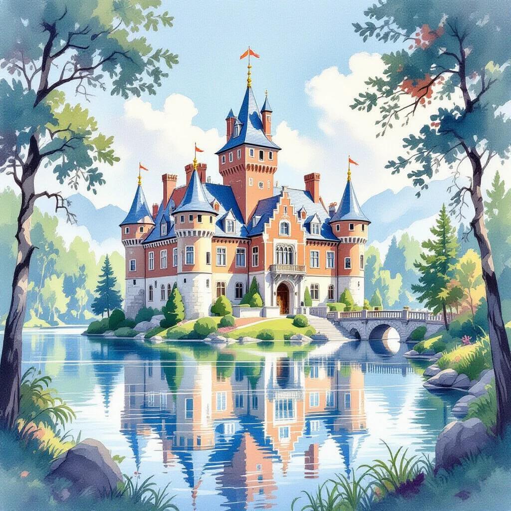 A watercolor style illustration of a grand castle by a lakeside. The castle features red brick and prominent towers. Surrounded by lush trees and bushes. Clear lake reflecting the castle, evoking a tranquil dreamlike atmosphere. Soft colors create a sense of relaxation and romance.