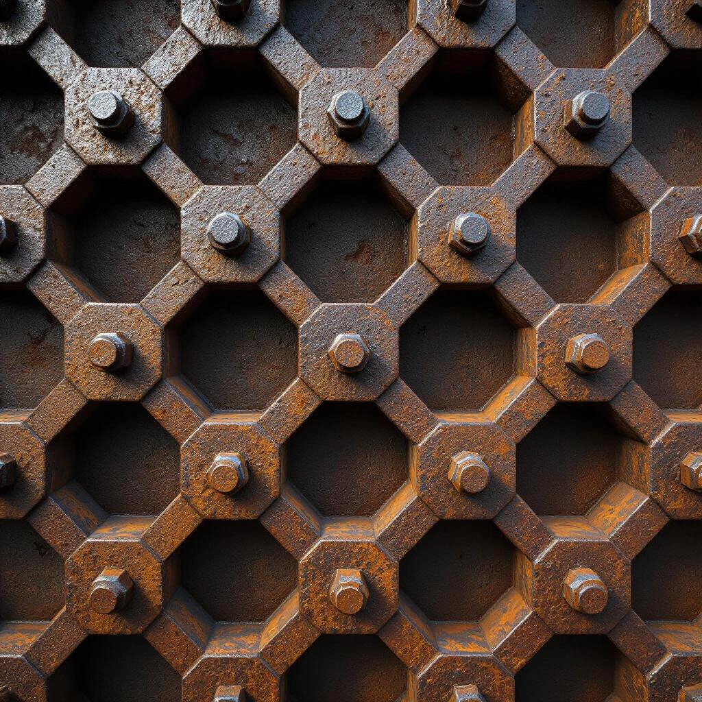 Close-up image showing rusted hexagonal metal plates with visible bolts at nodes. The surface has a textured appearance with patterns forming a fractal-like design.