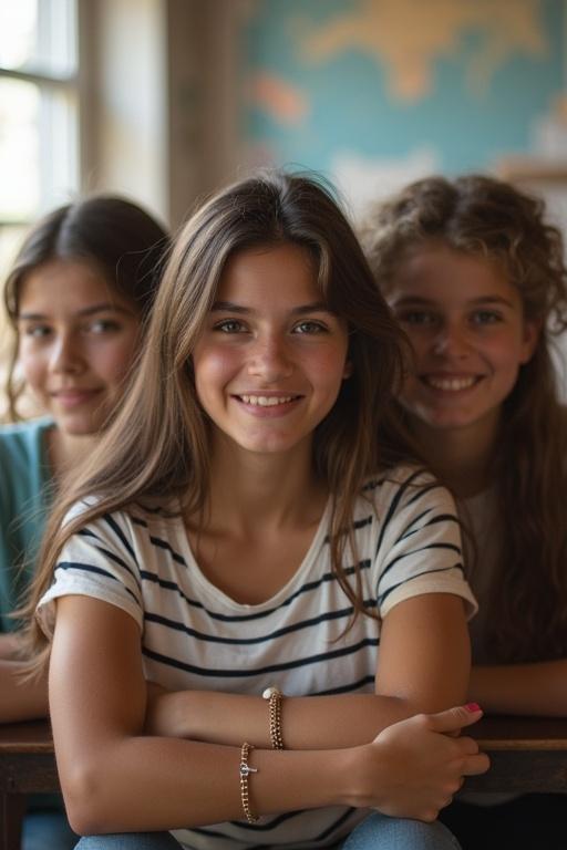 Realistic scene of teenage girls socializing at school. Three girls are smiling and posing together. Natural background with educational elements visible.