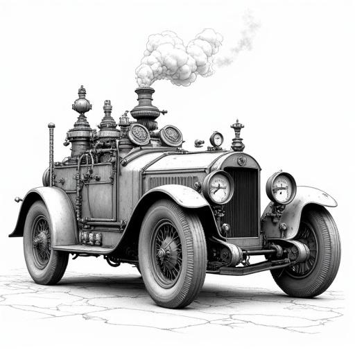 Detailed black and white line art illustration of a steampunk automobile. The vehicle features exposed copper piping, pressure gauges, gear systems, brass lanterns, and a smokestack creating steam. Large spoked wheels suitable for rough terrain. Style resembles a technical draftsman with fine lines showcasing every component. Presented in a ¾ view.