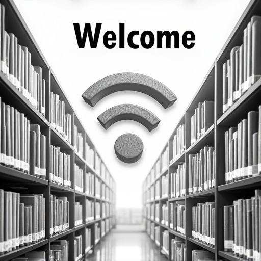 A welcome sign for a library. Includes WiFi login information. Uses black and white colors. Displays library shelves in the background.