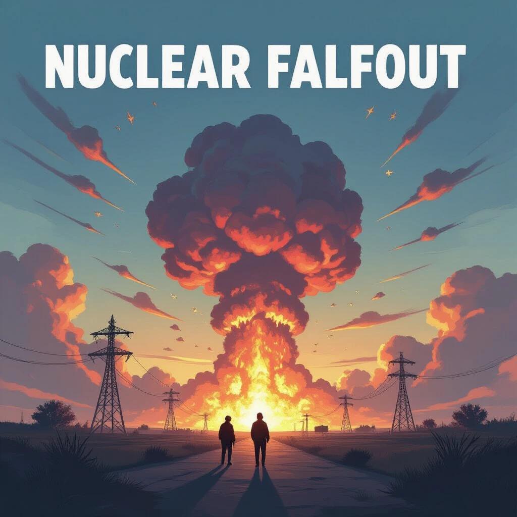Illustration of a nuclear fallout scenario. Two silhouetted figures in the foreground. Bright explosion against the blue sky. Power lines in the background. Clouds filled with dark smoke. Evokes a sense of foreboding.
