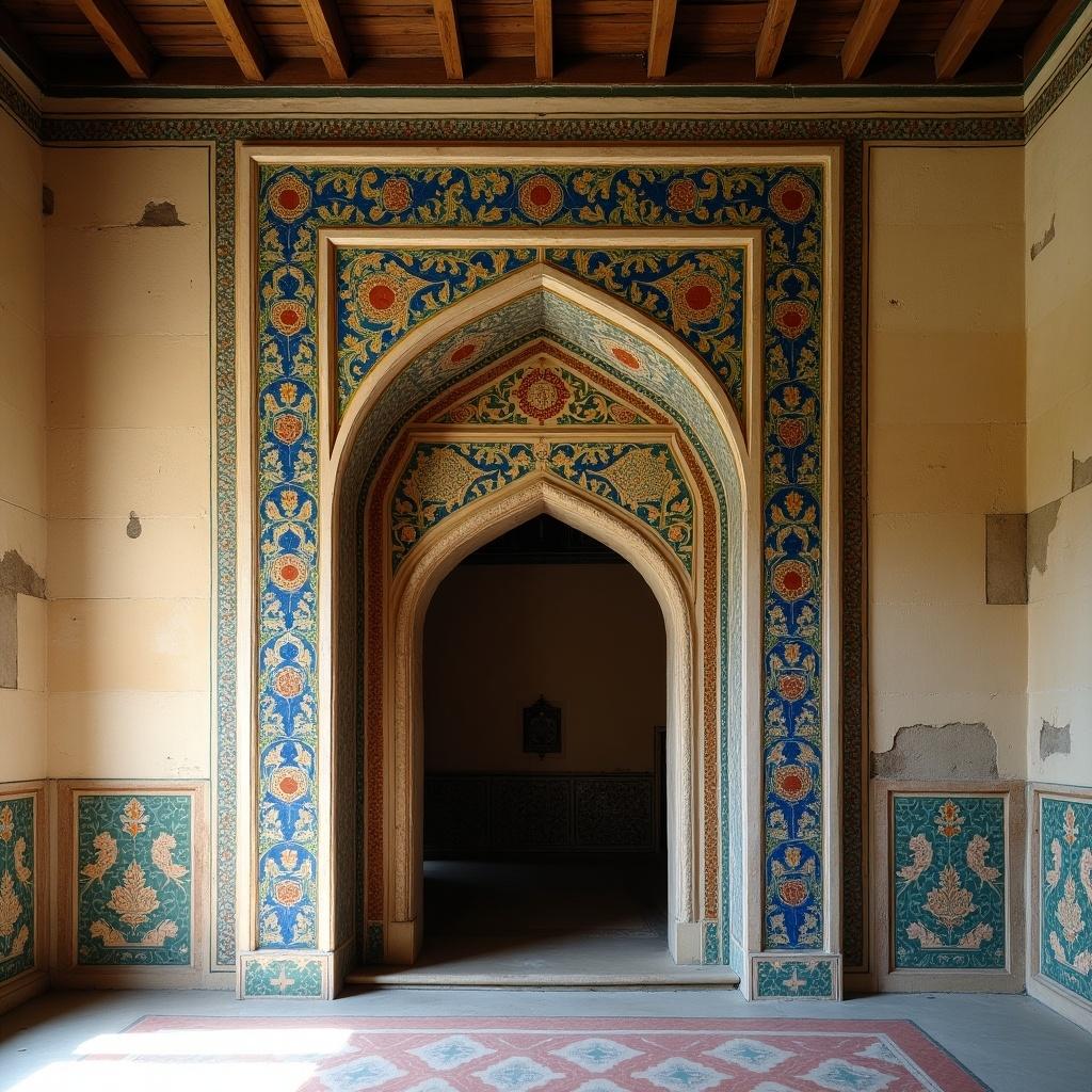 A beautifully decorated archway in a historical setting. Intricate floral patterns adorn the walls. Natural light highlights the ornate designs. The arch leads into a shadowed space beyond.