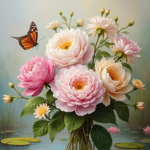 A detailed impressionistic painting of a serene garden scene. A bouquet of flowers in pink, white, and yellow forms the main subject. A butterfly flutters among the flowers. The background features a tranquil pond with lily pads, rendered in soft pastel colors. The style mirrors classical portraiture with a dreamy atmosphere.