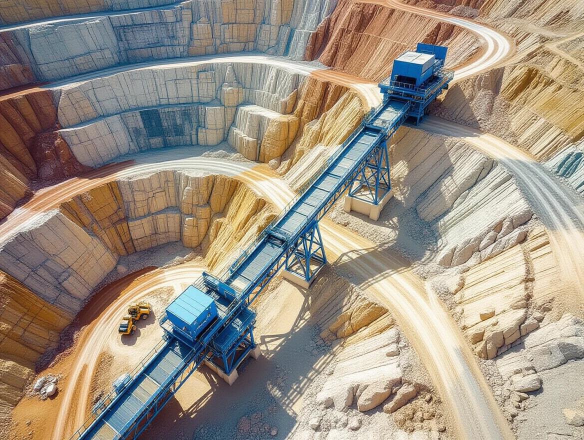 Aerial photograph of an active open-pit mine. Blue high-angle conveyor system supported by steel structure. Conveyor runs from working face at bottom to top edge of pit. Mine has multiple excavated levels and exposed rock faces in gray and beige.
